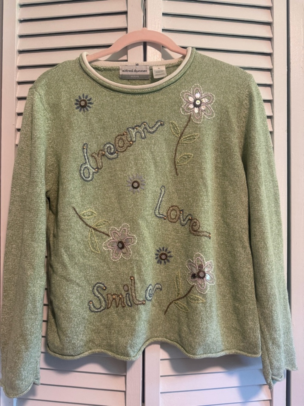 Alfred Dunner Light Green Embroidered 'Dream Love Smile' Crewneck Sweater